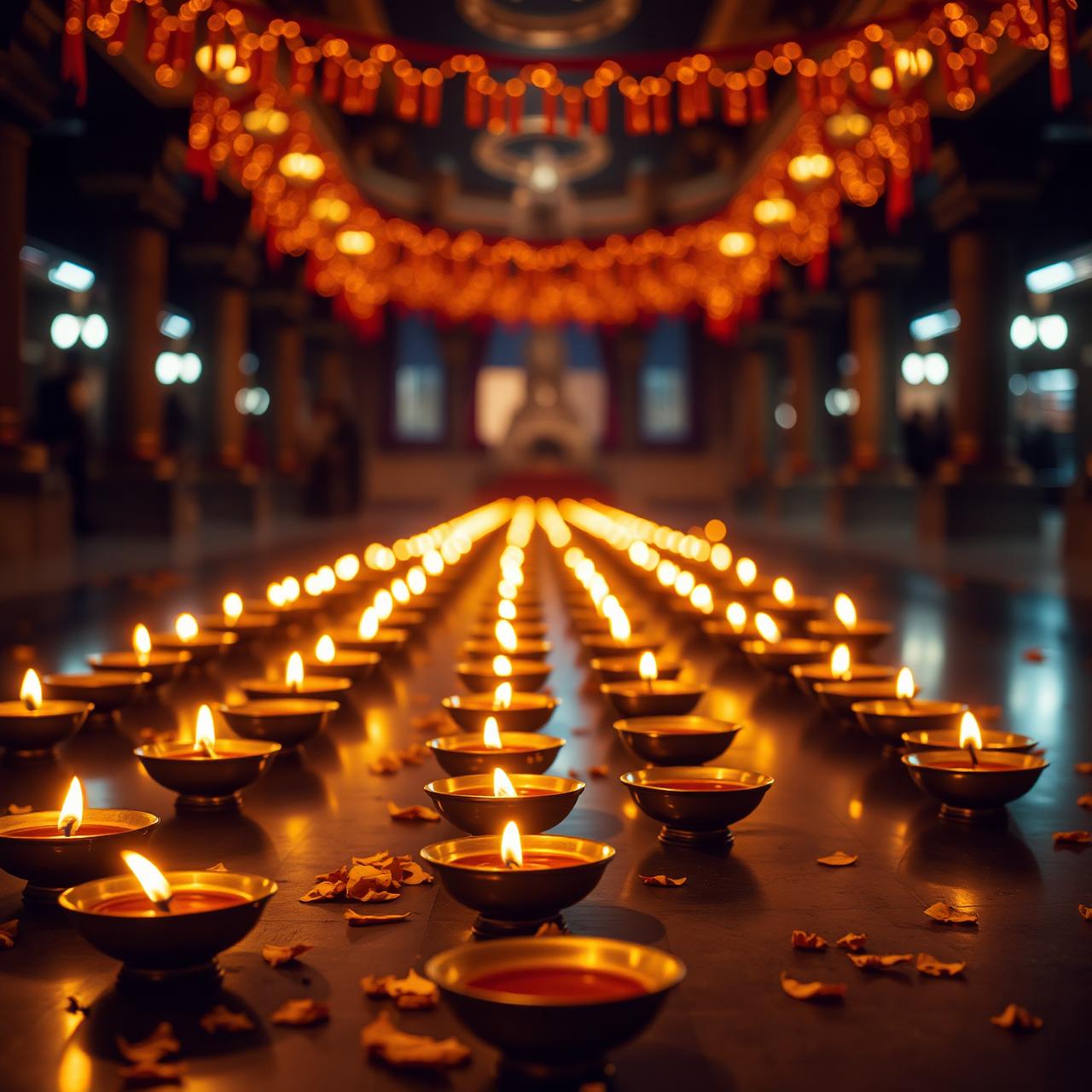Rows of oil diyas glowing in a temple